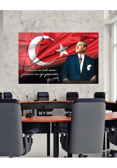 Atatürk Portre Cam Tablo Vatanını En Çok Seven Görevini En İyi Yapandır Kurum Hediyelik Büyük Tablo