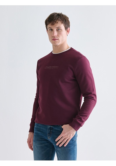 Lcwaıkıkı Classic Bordo Bisiklet Yaka Baskılı Erkek Kalın Sweatshirt