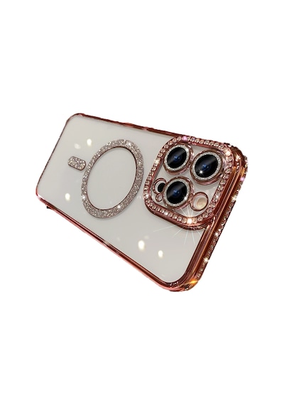 Apple Uyumlu iPhone  15 Pro Kılıf Simli Magsafe Kamera Kenar Taşlı Kapak
