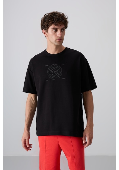 Tommy Life Siyah Pamuklu Kalın Yumuşak Dokulu Oversize Fit Baskılı Erkek T-shirt - 88324 Siyah