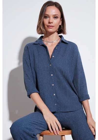 Lela Streç Regular Fit Dokulu Bayan Gömlek 5865975 Indigo