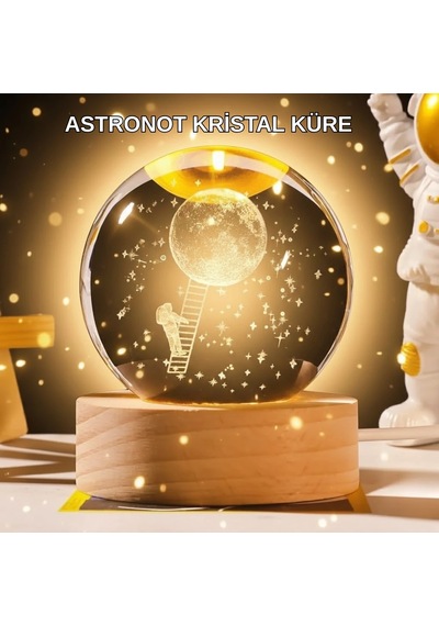 5 Cm 3d Kristal Astronot Küre Lamba Dekoratif Led Işıklı Ahşap Stand Çok Renkli