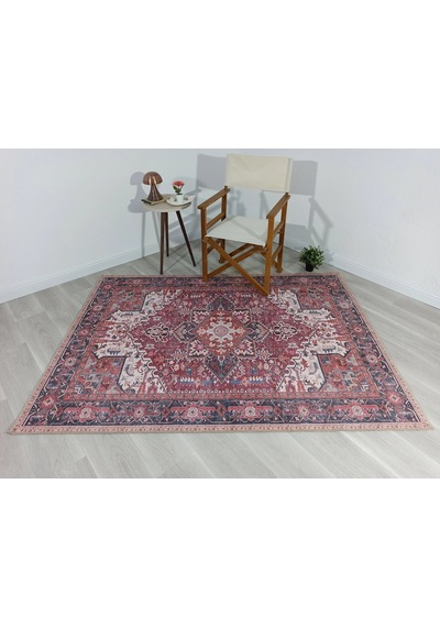 Fușya Pembe Ve Kırmızı Madalyon Desenli Vintage Halı