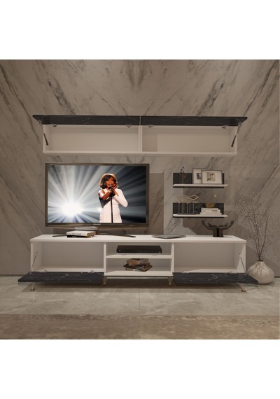 Decoraktiv Eko 5 Mdf Dvd Gold Tv Ünitesi Tv Sehpası Beyaz - Siyah Mermer