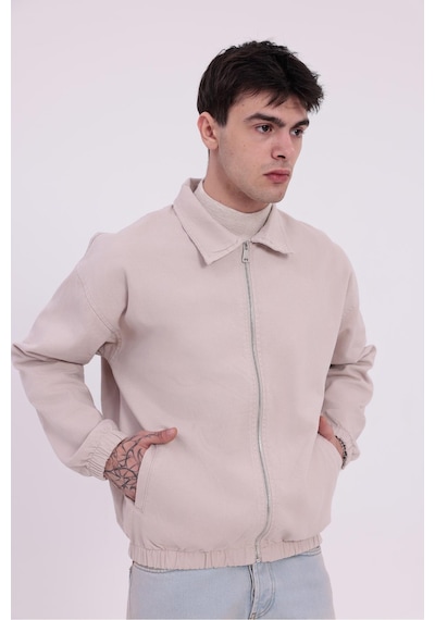 Erkek Gabardin Kumaş Fermuarlı Oversize Beli Lastikli Mevsimlik Ceket-265 Bej