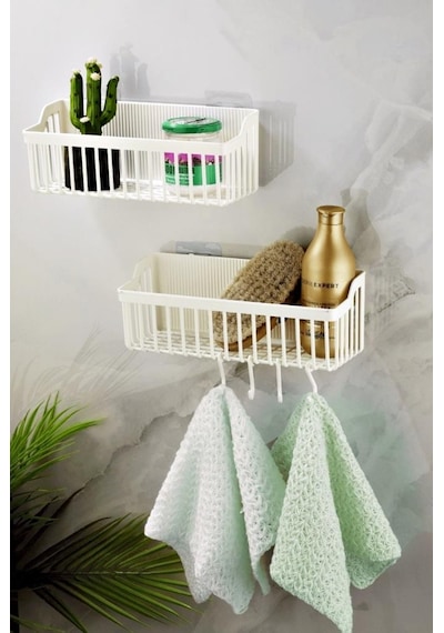 Yapışkanlı Plastik Banyo Rafı İkili Banyo Düzenleyici Duş Rafı Organizer Şampuanlık Siyah