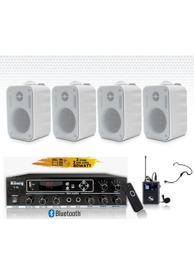 4 Adet Duvar Hoparlörlü Yaka Mikrofonlu Bluetooth Anfi Ses Sistemi