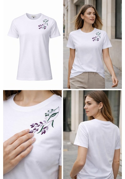 Yubistitch Tshirt Nakış İşlemeli Lavanta-1- Penye-beyaz
