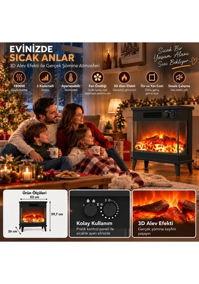 3 D Elektrikli Şömine 1800 Watt 2 Kademeli Isıtıcı Fanlı Isıtıcı