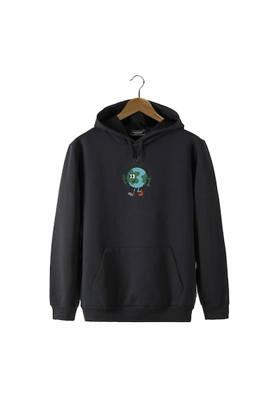 Unisex Siyah Kapüşonlu Önü Earth Baskılı Slim Fit Kanguru Cepli Sweatshirt Siyah