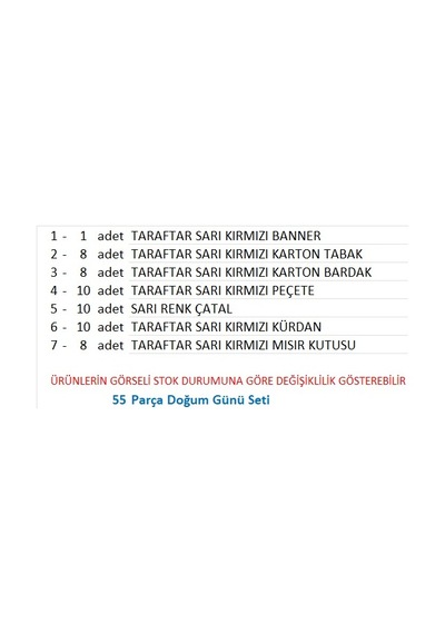 Taraftar Galatasaray Banner, 8 Tabak, 8 Bardak, 8 Mısır Kutusu, 10 Peçete, 10 Çatal, 10 Kürdan