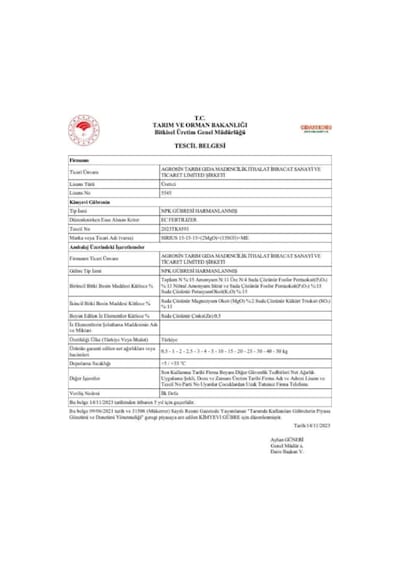 Agrosin Sirius 15.15.15 + 15 So3 + Me Organomineral Granül Gübre 50 Kg