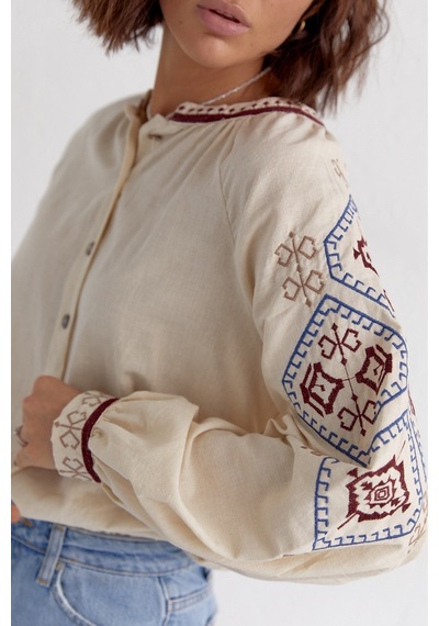 Femelle Kadın Yeni Sezon Etnik Desen Nakış İşlemeli Vintage Gömlek bej