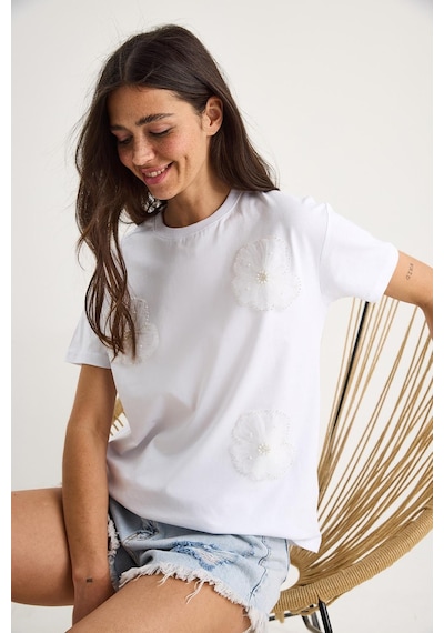 Shade Bisiklet Yaka Çiçek Aksesuarlı Kısa Kollu T-shirt 60602060 - Beyaz