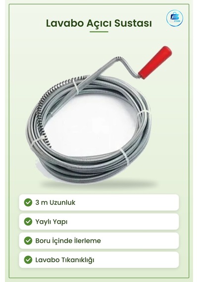 Lavabo Açıcı Sustası 3 M Yaylı Boru Tıkanıklık Açma Aleti Mutfak Tekli