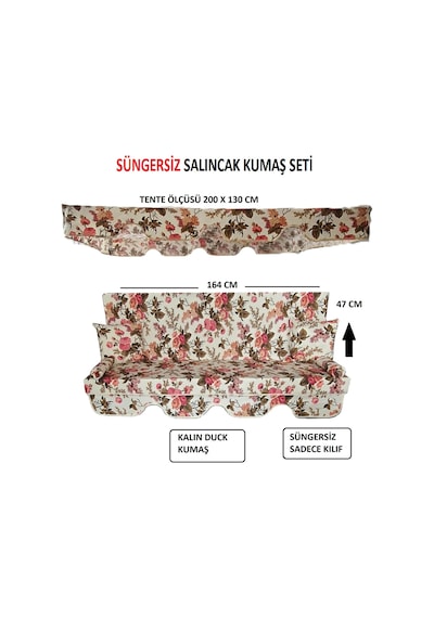 Mor Minder Süngersiz Tenteli Salıncak Kumaş Seti 3kişilik 164x47 Cm Süngersiz Ingiliz Gülü Model Krem - Pembe