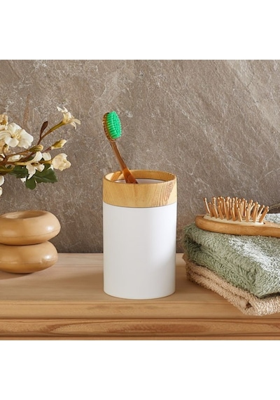 Bersachef Limpia Bambu Desenli 5'li Banyo Seti Çöp Kovası Sıvı Sabunluk Diş Fırçalık Kutusu Banyo Seti Beyaz