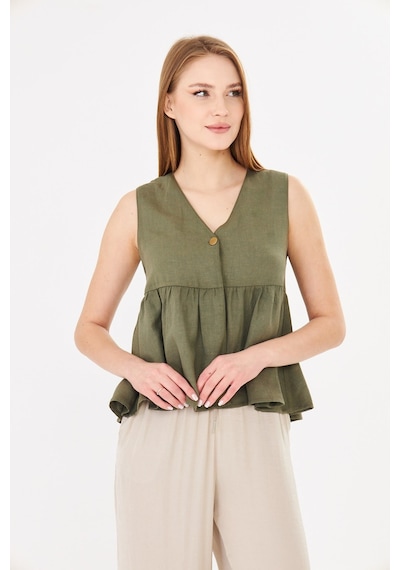 Sortie Collection V Yaka Tek Düğmeli Peplum Haki Keten Bluz
