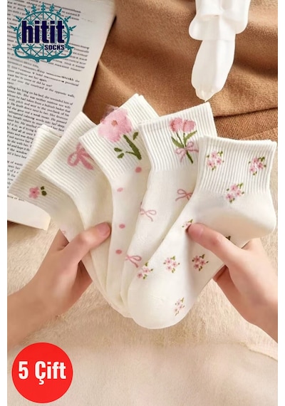 Hitit Socks Kadın 5 Çift Premium Karışık Çiçek Desenli Kısa P... Çok Renkli