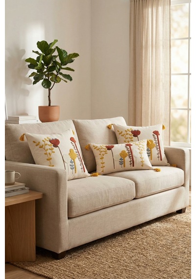 Bohem Kır Bahçesi Punch Nakışlı 3'lü Kırlent Kılıfı Seti 2 Adet 42x42 Cm + 1 Adet 35x55 Cm Bej