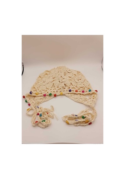 Kervan Pazarı Kadın İthal El Örgüsü Bohem Tarzı Çiçek Motifli Uzun Boncuklu Saç Filesi Bandana Krem