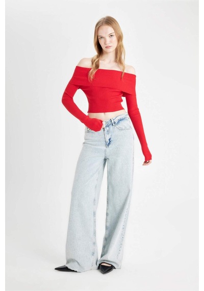 Defacto Coool Slim Fit Dar Kesim Açık Omuz Basic Düz Triko Kazak B6537AX24WNRD106 Kırmızı