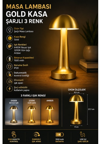Gold Şarjlı Masa Lambası 3 Renk Işık Dokunmatik Dimmerli Kablosuz Led Masa Gece Lambası 1500 Mah Antik - Bronz