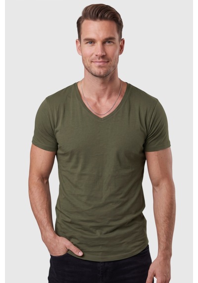 Rizzup Haki Erkek Slim Fit Derin V Yaka Basic Tişört %90 Pamuk Likralı Asimetrik Kesim 2602265