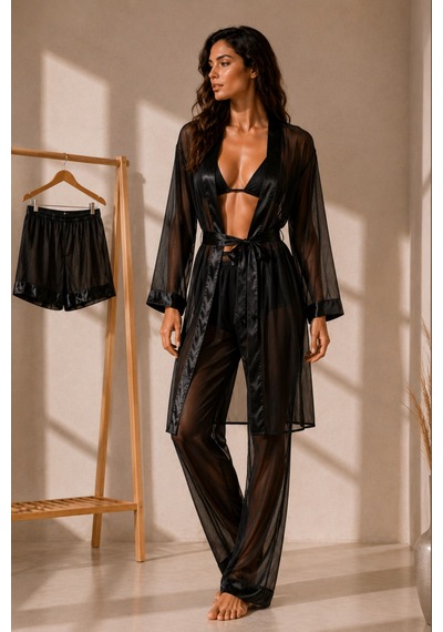 Qmen Style Kadın Şifon Kimono- Pijama - Şort Seti Siyah