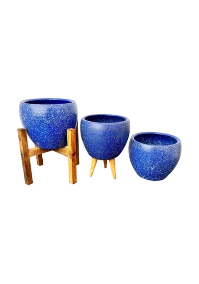 Bitki Tasarımı Ev Dekorasyon Lacivert Granit Toprak Saksı Saksılık Salon Çiçeklik Üçlü Set - 15 CM
