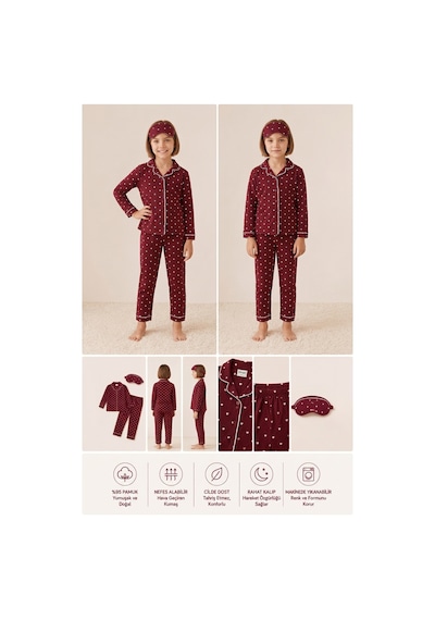 Ahengim Kız-erkek Çocuk Çizgili Kalpli Puantiyeli Desenli Pamuklu Pijama Takımı Göz Bantlı 3 Lü Set Ak2610 Bordo Ahengim Kız-erkek Çocuk Çizgili Kalpli Puantiyeli Desenli Pamuklu Pijama Takımı Göz Bantlı 3 Lü Set Ak2610 Bordo