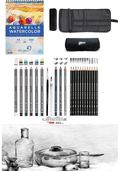 Van Dyck A5 300gr 20 Yp Cretacolor 6'lı Aquarell Sulandırılabilir Fırçalı Rulo Kalemlik Eskiz Seti