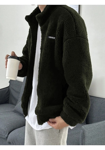 Genius Store Oversize Tam Fermuarlı Kuzu Sweatshirt İçi Polarlı Sherpa Kumaş Sweatshirt Haki