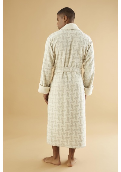 Jakarlı Organik %100 Cotton Erkek Bornozu Krem