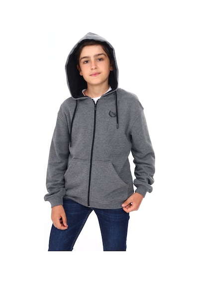 Toontoy Kids Toontoy Erkek Çocuk Kapüşonlu Fermuarlı Cepli Düşük Omuz Baskılı Örme Hırka - 3 İplik Şardonsuz Antrasit Melanj