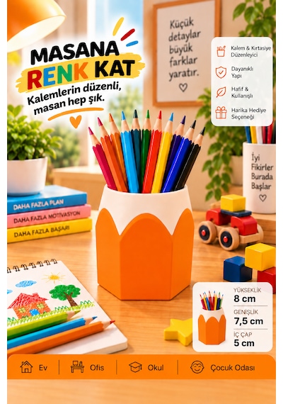 Kalemlik Renkli Kurşun Kalem Tasarımlı, 3d Baskı Turuncu