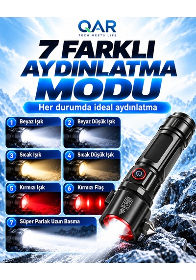 Şarjlı Metal El Feneri Zoomlu Çakar Modlu 26650 Li-ion Bataryalı Kamp Ve Outdoor Feneri Siyah