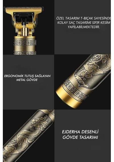 Zhltools Metal Gövdeli Şarjlı T-bıçak Saç Ense Sakal Tıraş Makinesi Ejder Baskılı