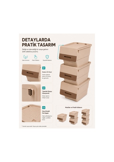 3 Katlı Tekerlekli Kapaklı Saklama Kutusu, Eşya Ve Erzak Organizer 3x12 Litre Kahverengi Bej Bej