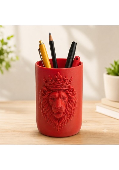 Aslan Figürlü Kalemlik Masaüstü Kalem Organizeri 10x6 Cm 3d Baskı Dekoratif Kalem Kutusu Ofis Ev Çalışma Masası Aksesuarı Kırmızı