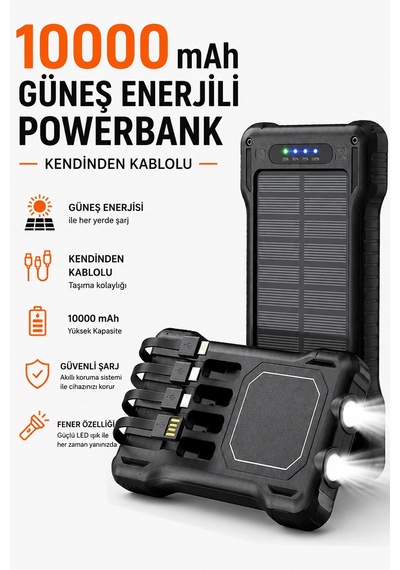 Exenar - Siyah - Güneş Enerjili Powerbank Kendinden Kablolu Solar Taşınabilir Şarj Aleti Çift Led Fenerli 10.000 Mah
