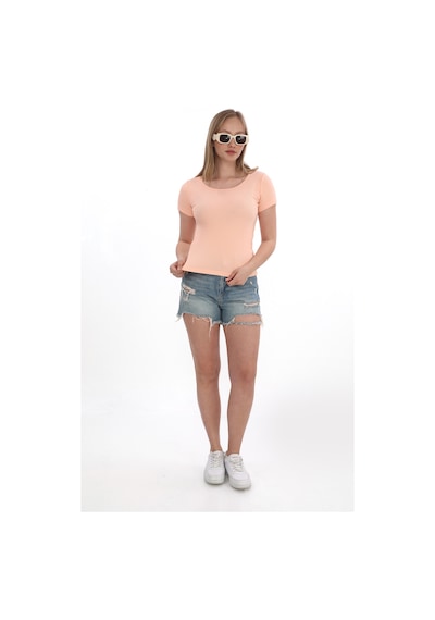 Monox Kadın Fitilli Likralı Pamuk Basic Tshirt Somon