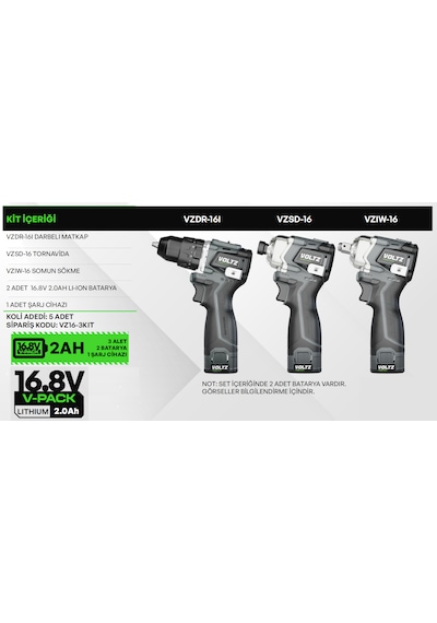 Voltz VZ16-3KIT 16.8V Çift Akülü Vidalama + Somun Sökme + Tornavida 3'lü Set