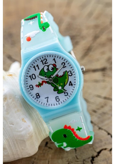 Erkek Çocuk Turkuaz Dinozor Desenli Silikon Kordon Analog Kol Saati St-304442 Beyaz