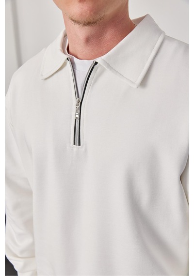 Prtnc Protonic Erkek Polo Yaka Oversize Beyaz Sweatshirt Yarım Fermuar Sweatshirt Beyaz