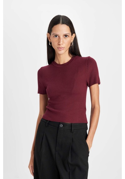 Defacto Crop Bisiklet Yaka Basic Düz Fitilli Kısa Kollu Triko Kazak C5638AX24AUBR34 Bordo
