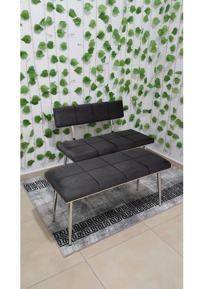 Özcan Metal Krom Metal Ayaklı Bench Sırtlı Mutfak Salon Antre Yatak Odası Puf Bank Oturak Takımı Gri