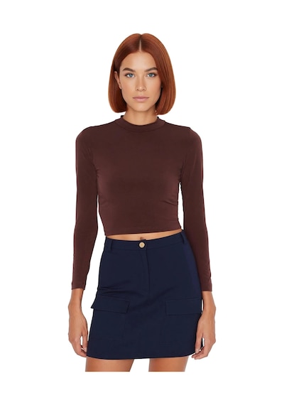 Ersefa Stil Kadın Fitted Vücuda Oturan Kol Büzgülü Esnek Bluz Crop Örme Kahverengi