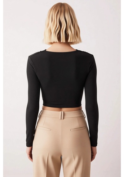 Benerly Kadın Bluz Crop V Yaka Uzun Kol Fitted Kalıp Örme Kumaş Düz Desen siyah