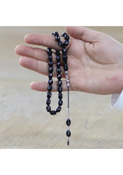 Tesbihname Rus Oltu Taşı Tesbih - 925 Ayar Gümüş Püsküllü - Gümüş İşlemeli - Arpa Kesim - Siyah Renk
